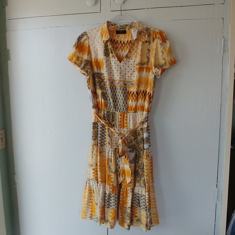 Tahari Patchwork Tiered Midi Dress SZ S